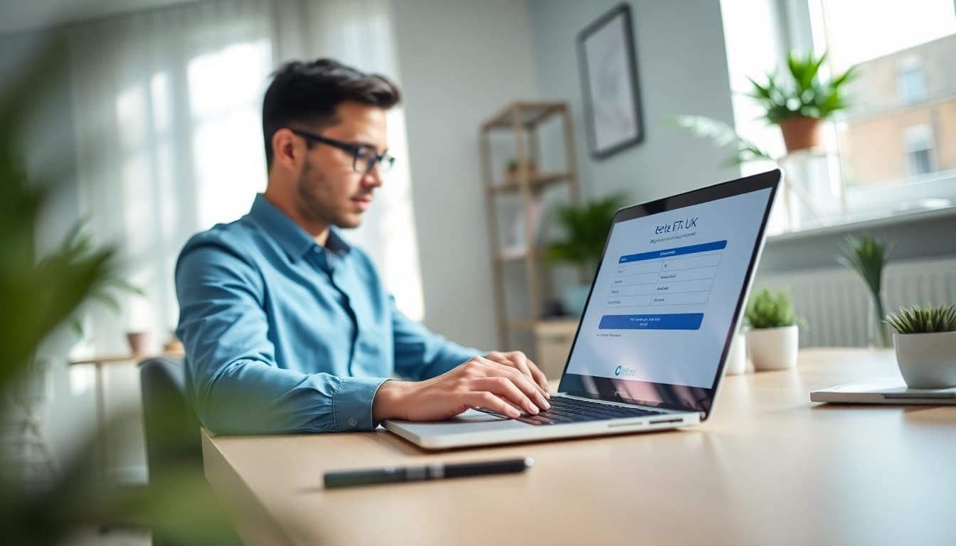 Person filling out the eta uk application form on a laptop in a modern office setting.