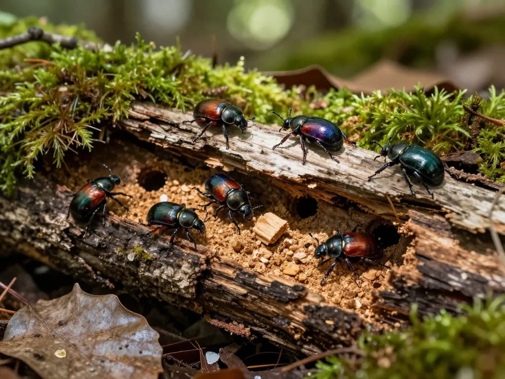 Coleotteri del legno che emergono dal legno, evidenziando Xestobium rufovillosum e Anobium punctatum nel loro habitat naturale.