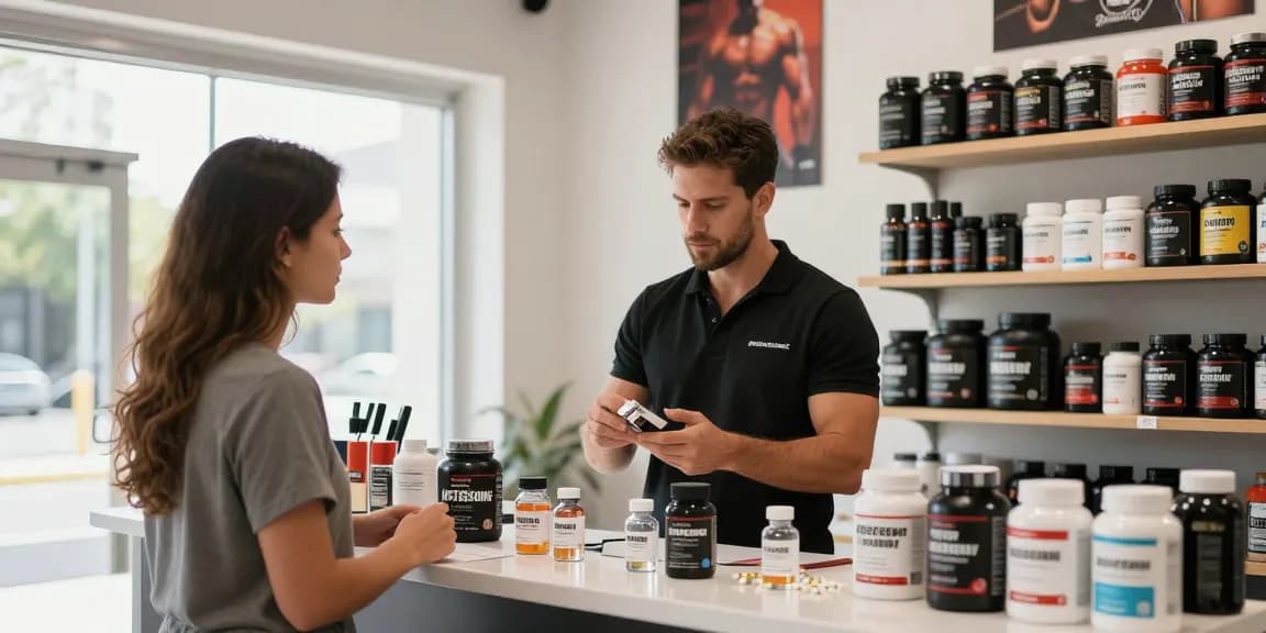 Steroide Boutique displaying anabolic steroids with staff assisting customers in a vibrant atmosphere.