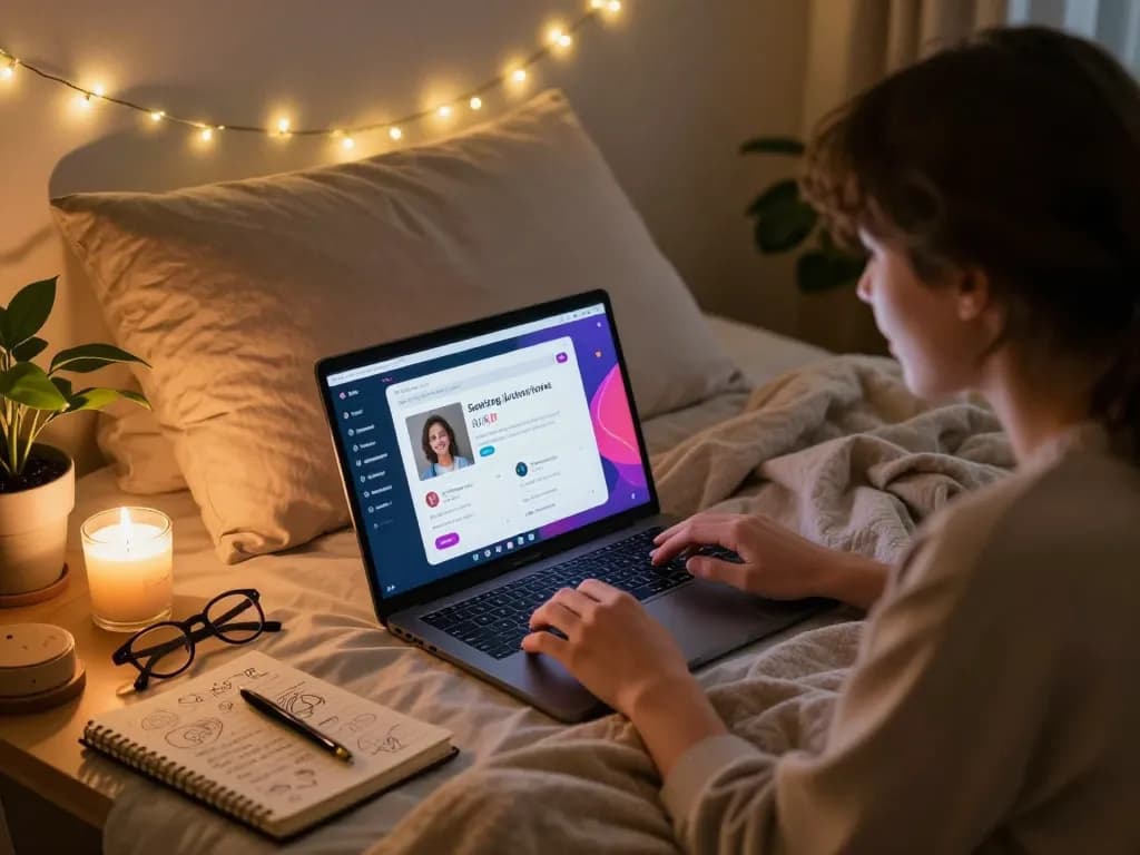 Cozy bedroom scene with a person using sexting AI for engaging conversations.