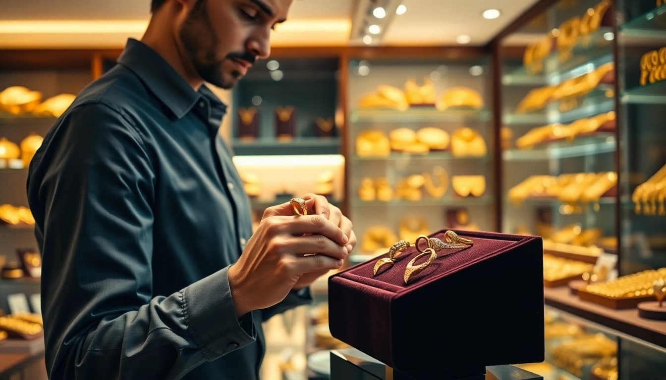 Valutazione di compro oro in un negozio di gioielli con bijoux scintillanti.