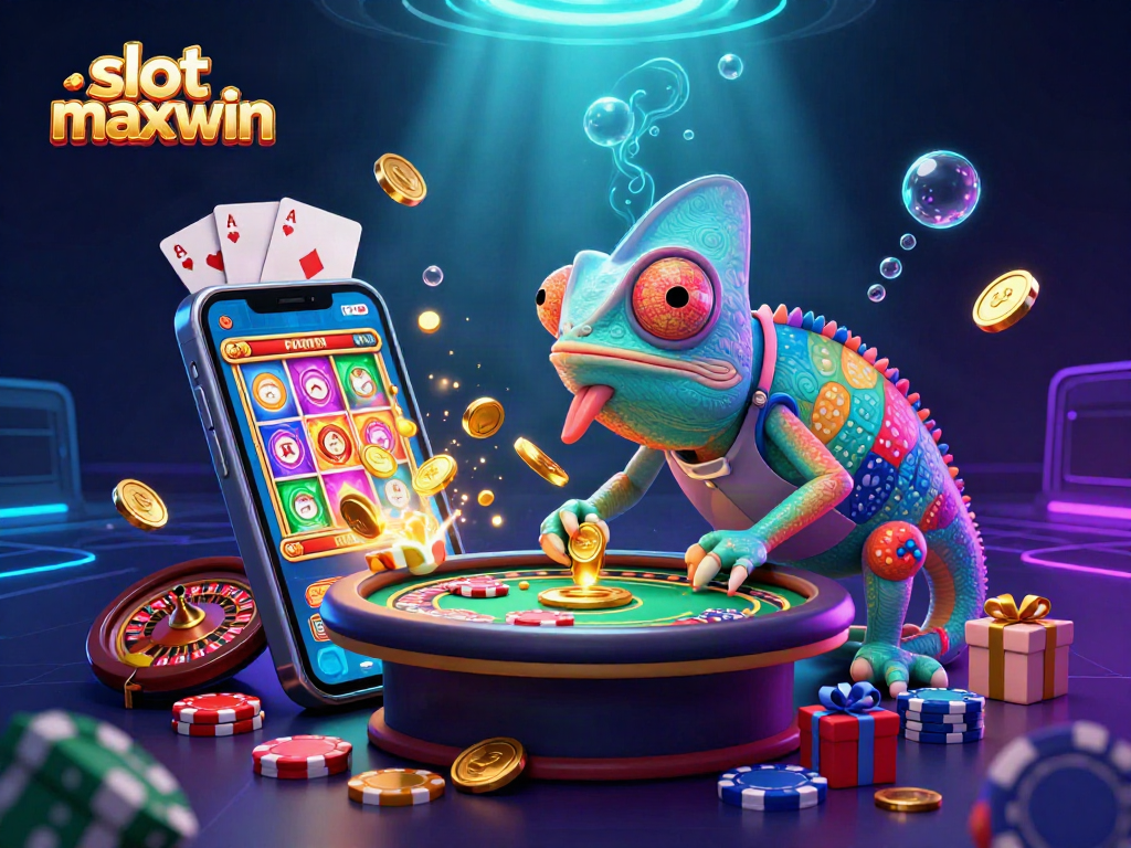 Engage in slot maxwin with vibrant 3D chameleon and casino elements in a dynamic scene.