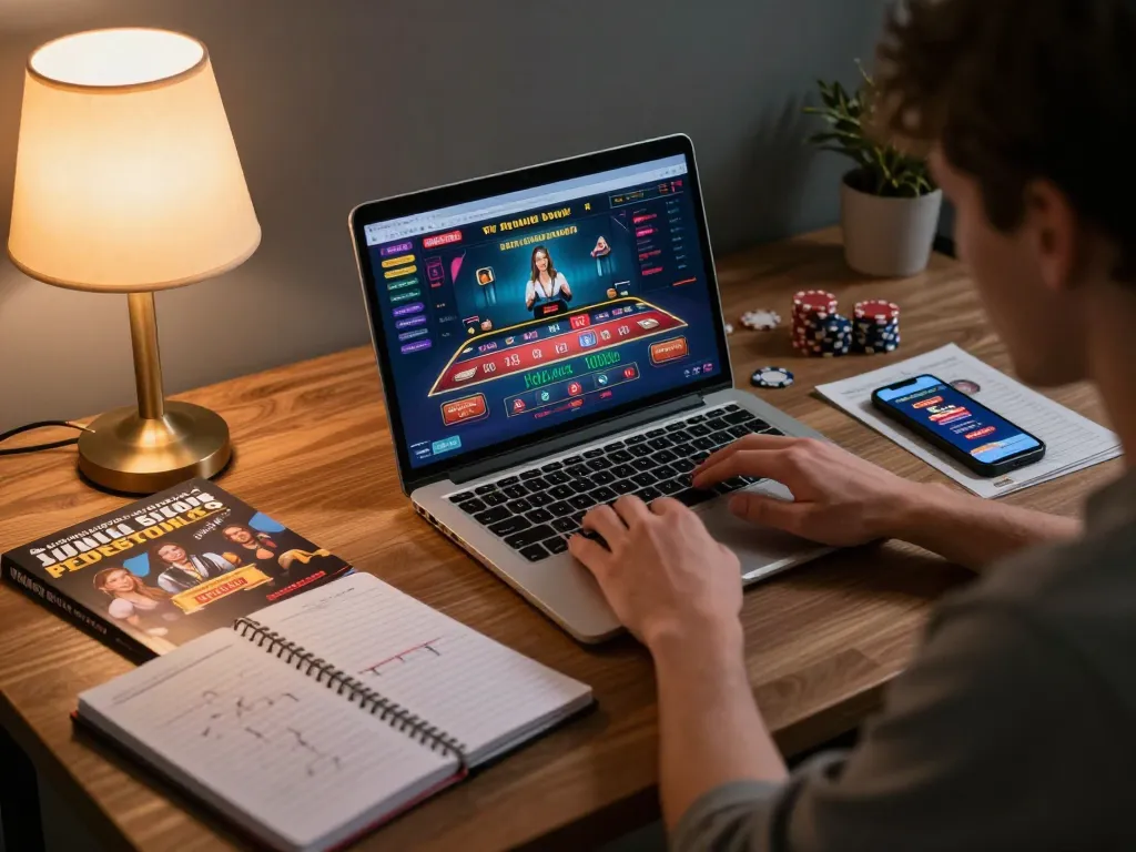 Engaging moment at ku88 casino with player focused on live dealer game on laptop, showcasing strategic gaming atmosphere.