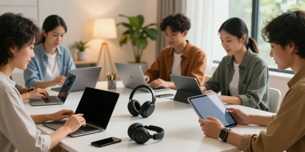 rokok88 users exploring electronics and gadgets in a stylish workspace
