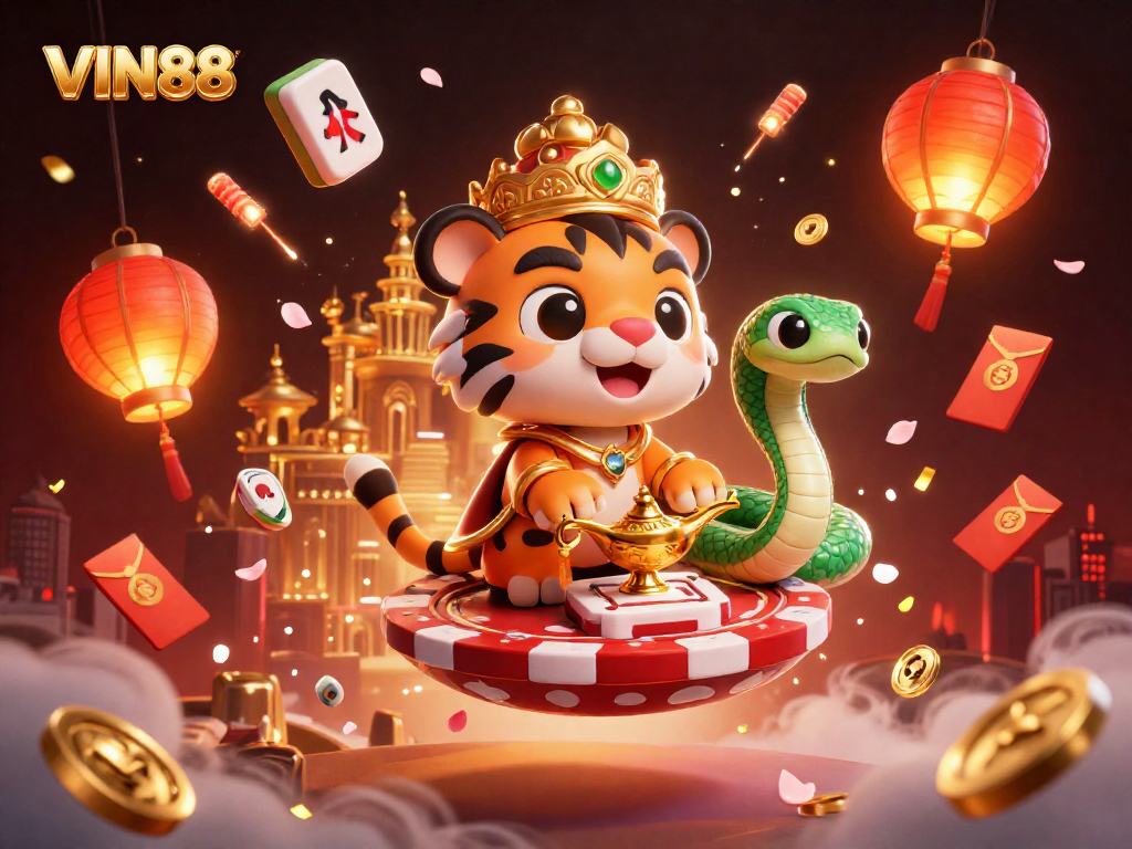 Experience the excitement of VIN88 with a vibrant Arabian Nights-themed gambling scene featuring unique characters and elements.
