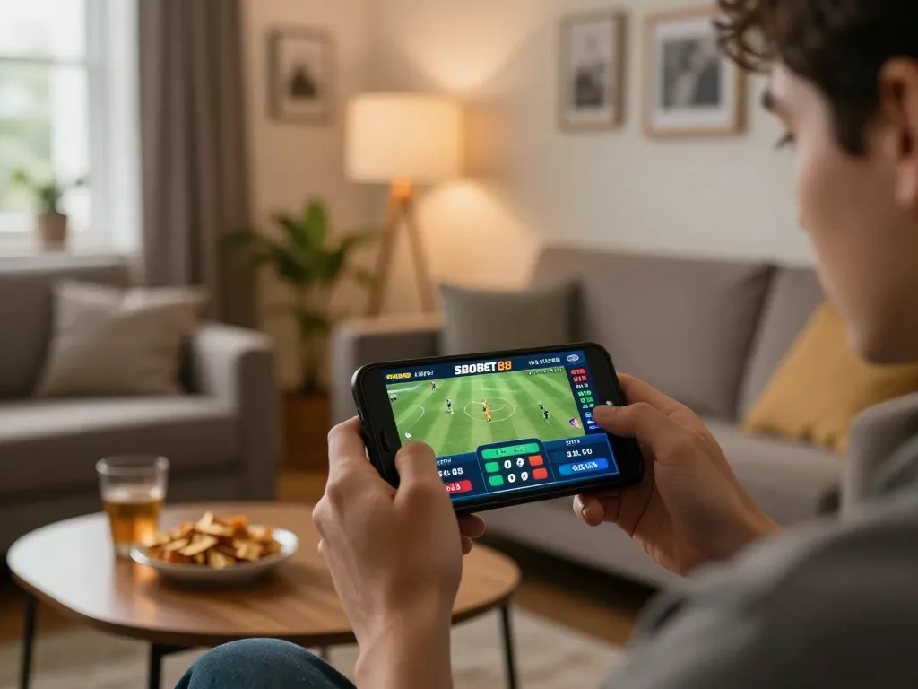Keseruan taruhan mobile SBOBET88 tertangkap saat seorang pemain terlibat dalam taruhan langsung pertandingan sepak bola di smartphone mereka.