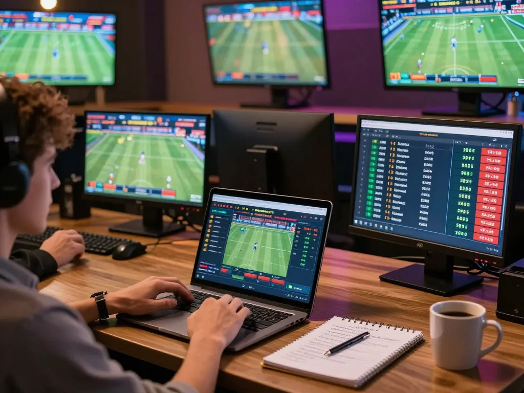 Engaged bettor using sin88 platform on laptop for live sports betting with screens showing odds.