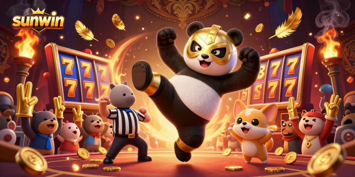 Join the excitement as sunwin's panda wrestler kicks off a thrilling casino slots match.