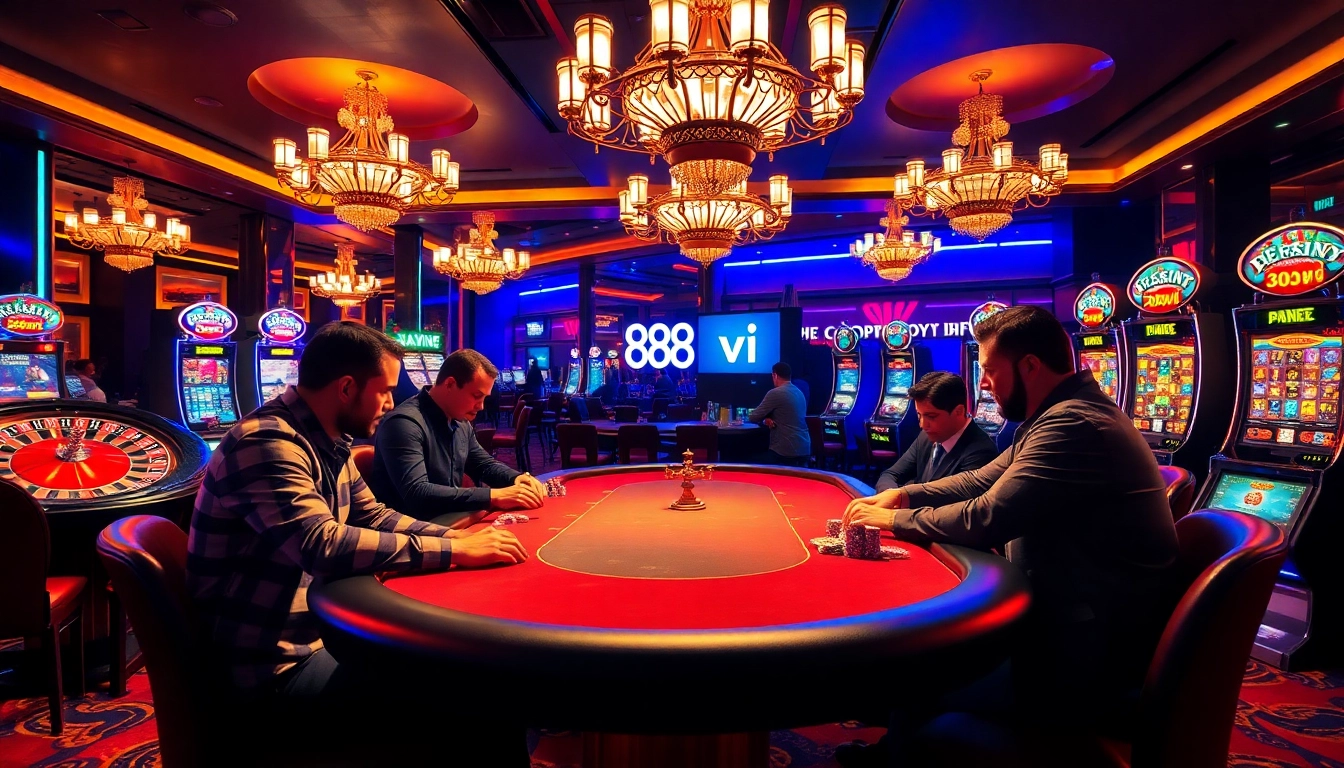 A thrilling poker game at 888vi casino with vibrant chips and roulette wheel.