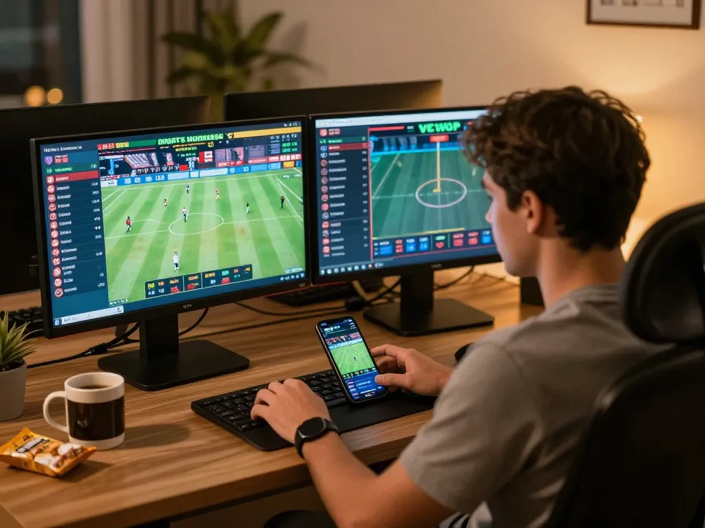 Engaged user betting on sports via online app using debet in an active home setup.