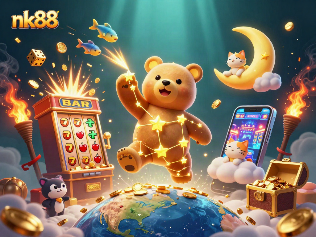 Experience the nk88 slot jackpot rush with coins and golden symbols in a vibrant casino scene.