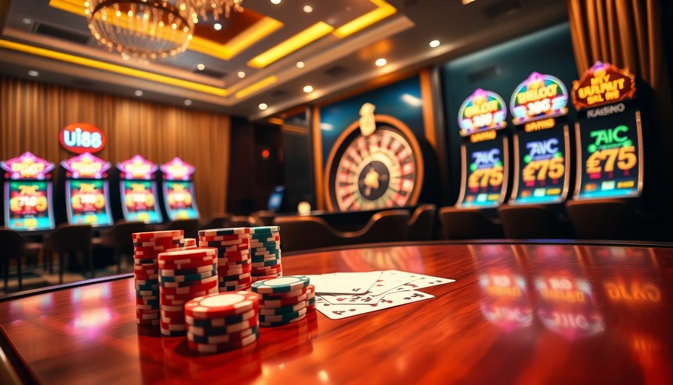Engaging UU88 online casino table with poker chips, cards, and slot machines illuminated.