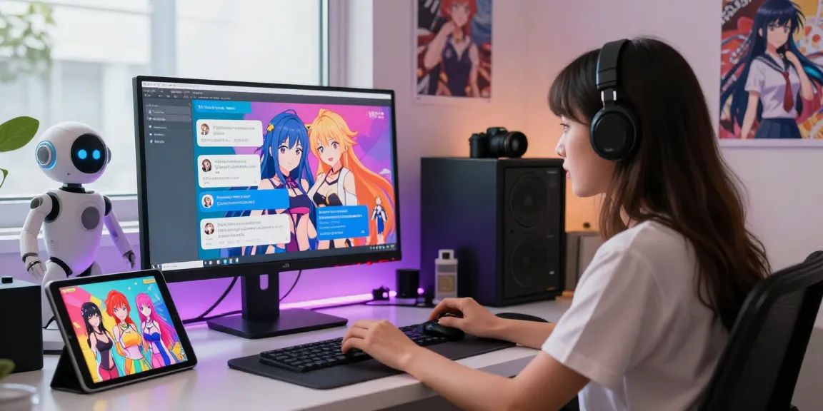 Engaging ai hentai chat environment with anime characters and user interaction in a digital art studio.