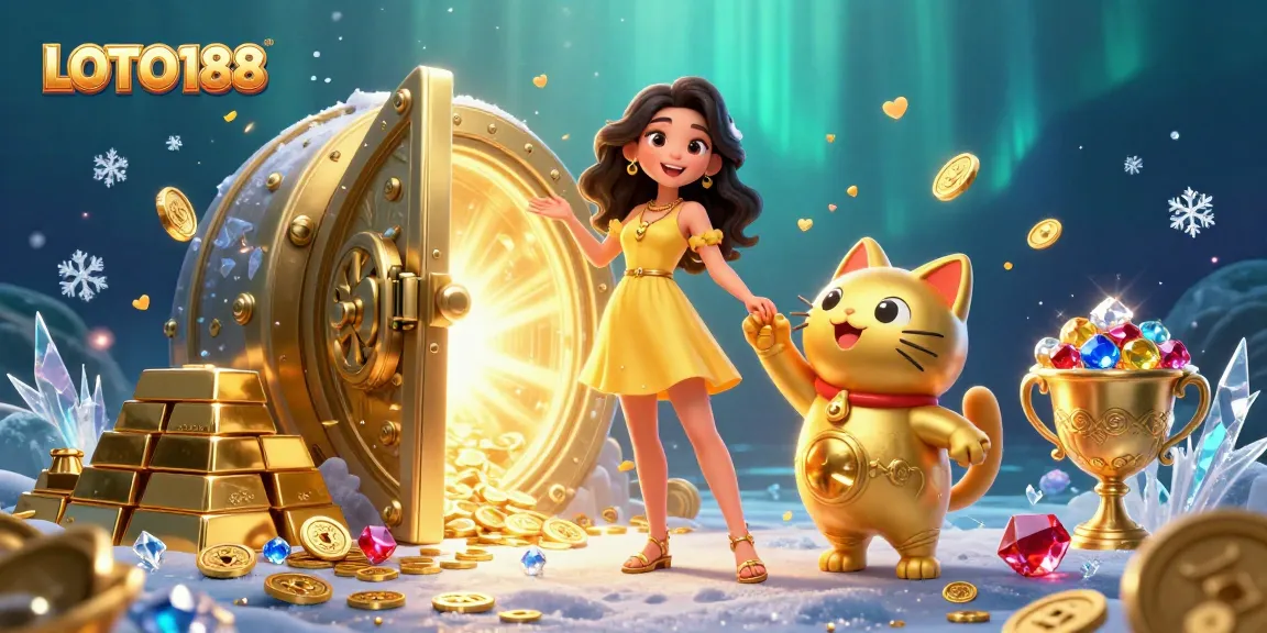 Engaging LOTO188 casino scene featuring a playful interaction with golden coins, lucky cat, and vibrant treasures.