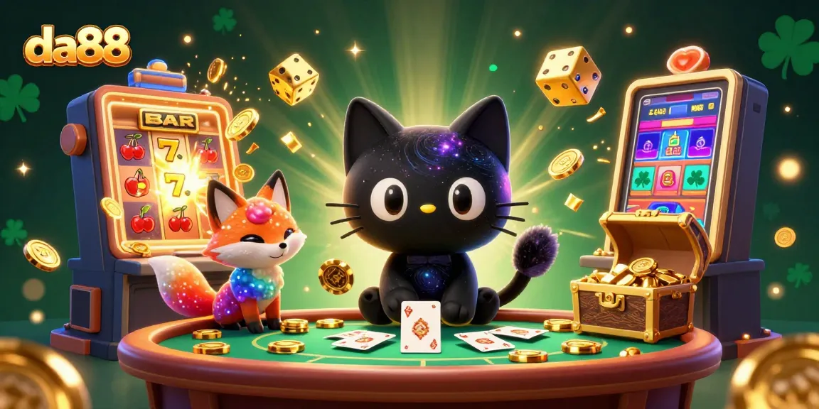 da88 gaming scene with a cat and fox characters at a cosmic casino table