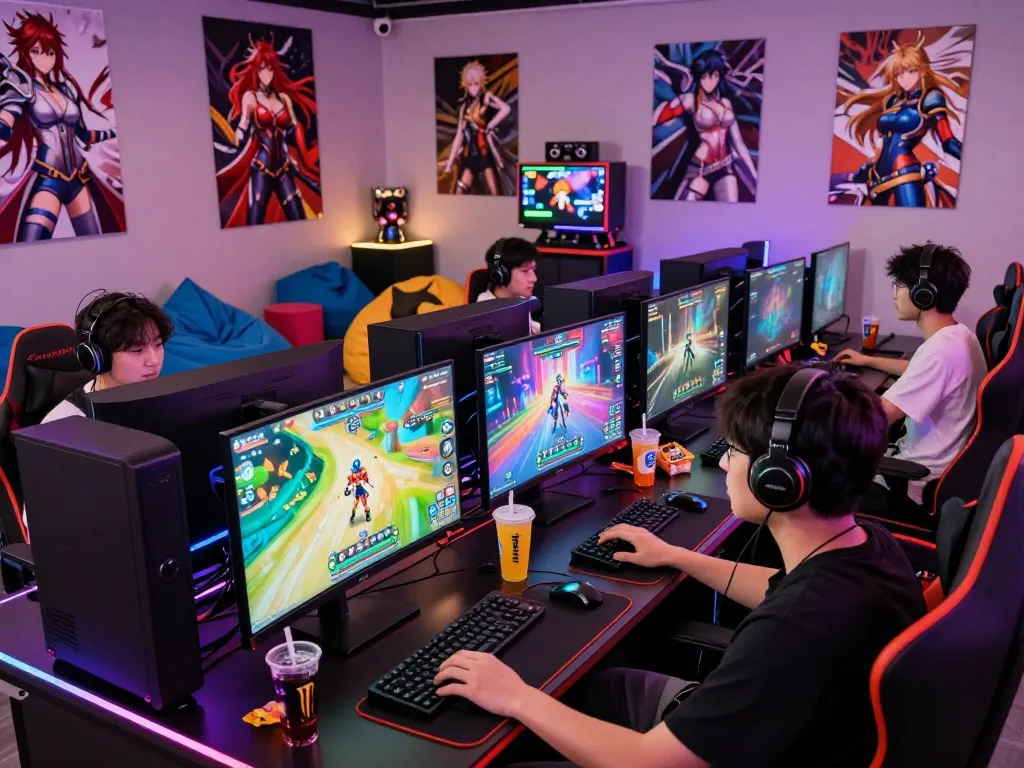 Players enjoying engaging hentai games in a vibrant gaming hub atmosphere.