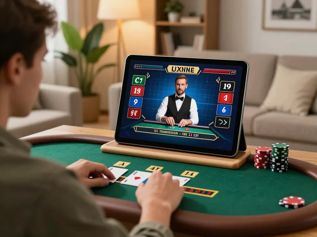 Engaging live dealer blackjack game on lc88 tablet in stylish living room setting.