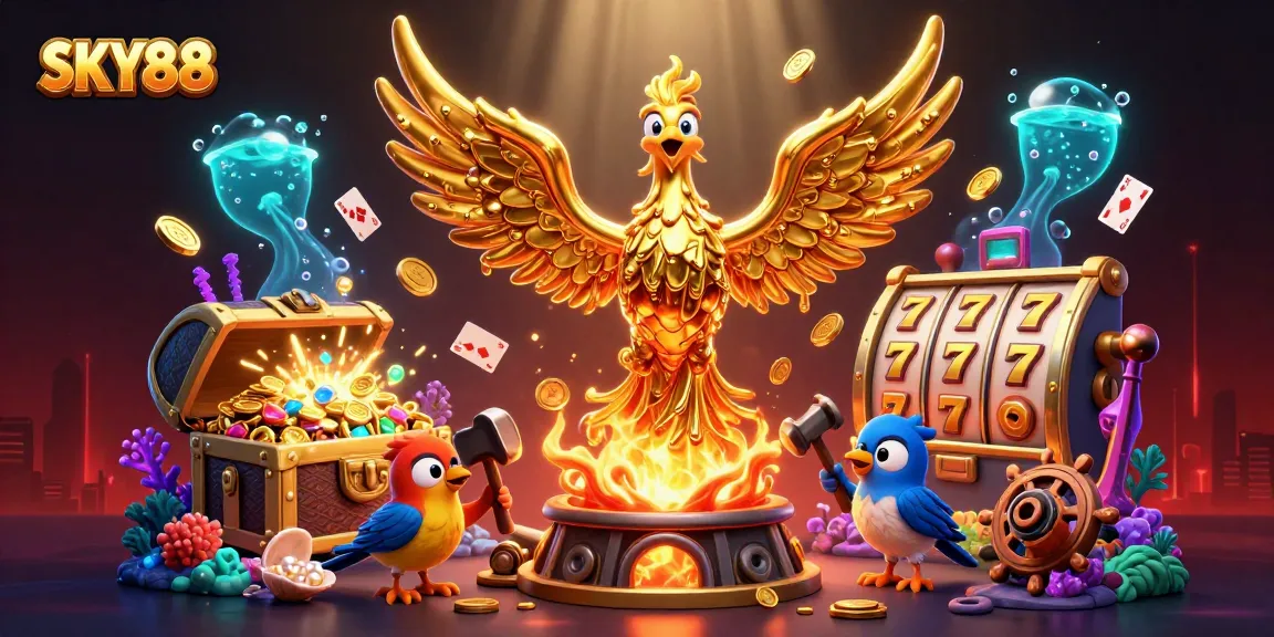 Experience thrilling gameplay at SKY88 with golden phoenix and vibrant slot elements.