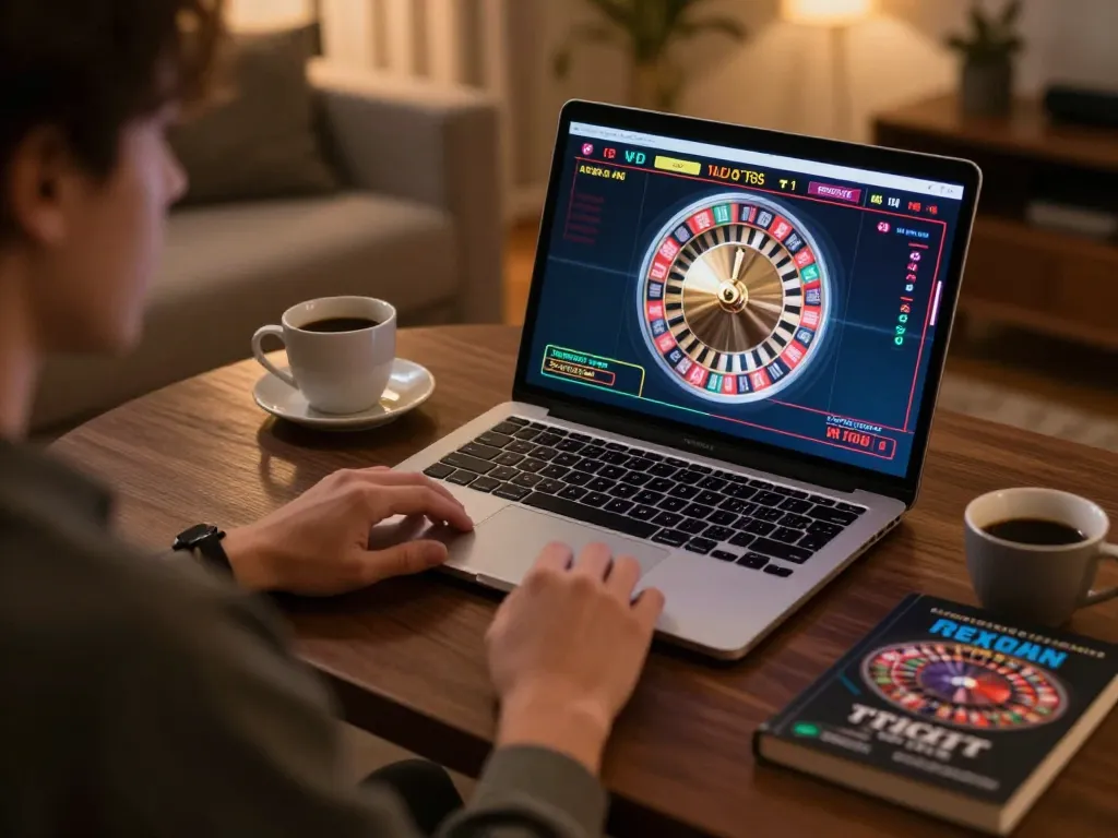 Player enjoys a thrilling online roulette experience with tr88, showcasing home gaming comfort and strategy.