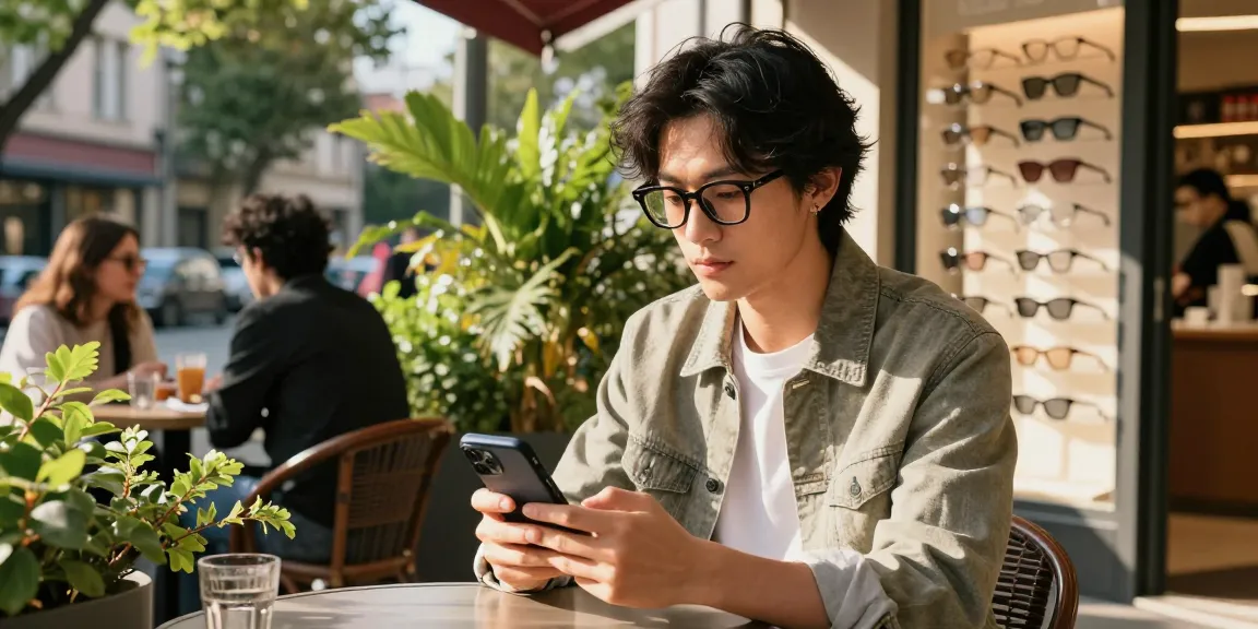 Indivíduo usando óculos de grau estilosos em um café, destacando a moda urbana.