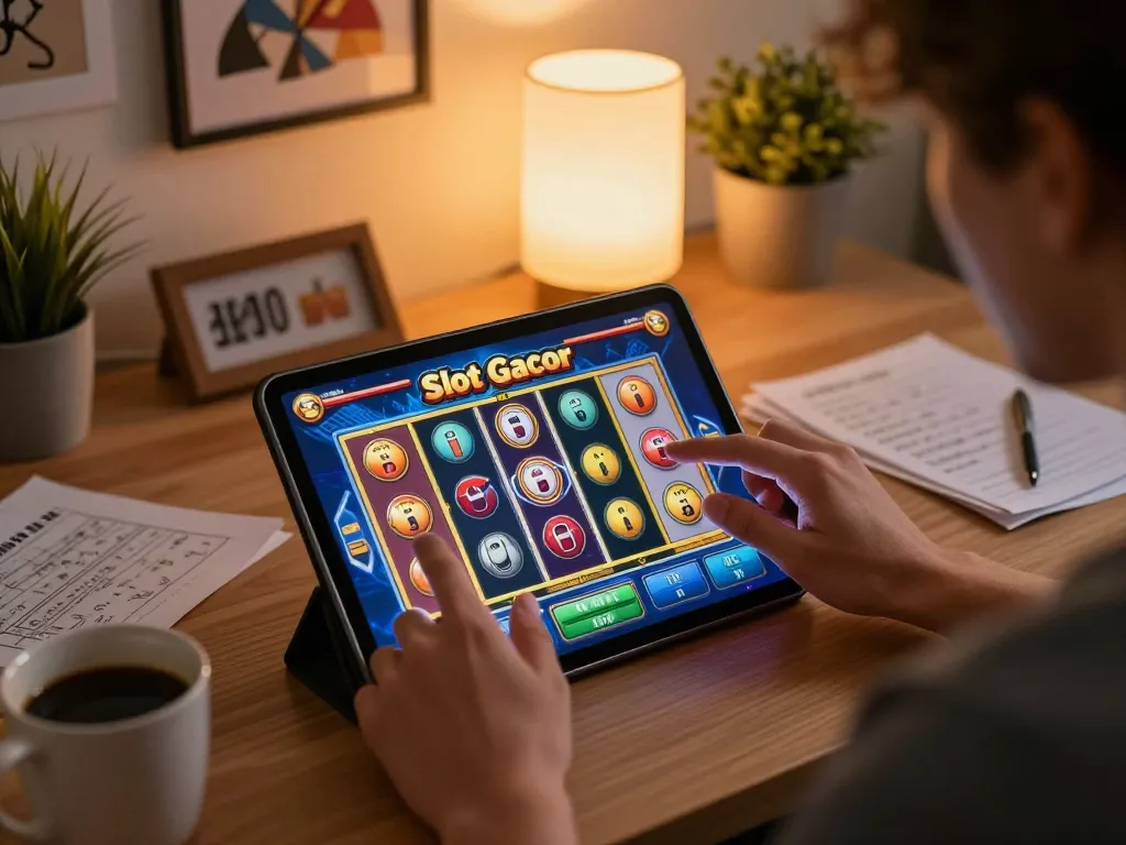 Berinteraksi dengan Slot Gacor di tablet selama sesi permainan di rumah yang nyaman, menunjukkan strategi.