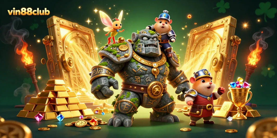 Spin the reels with vin88club's dynamic 3D scene showcasing luck and treasure.