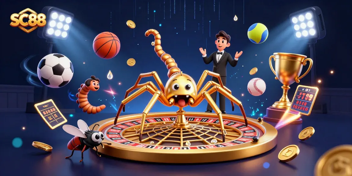 Engage with SC88 as a golden spider spins its roulette web, while a nervous fly places bets amidst vibrant sports elements.