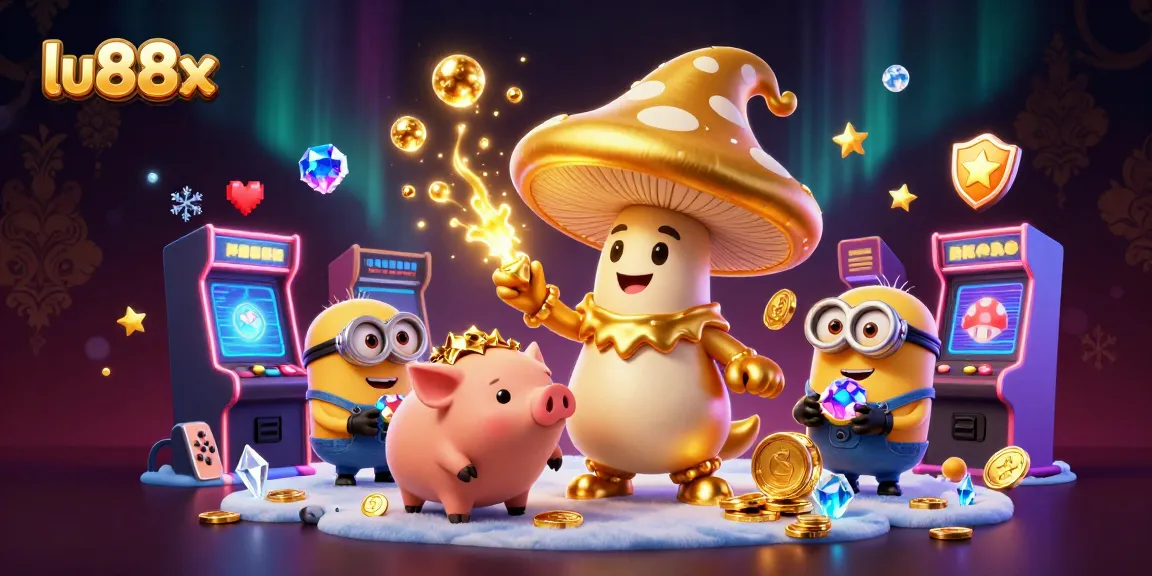 lu88x showcases a lively casino scene with golden wizard and treasures in a vibrant arcade setting