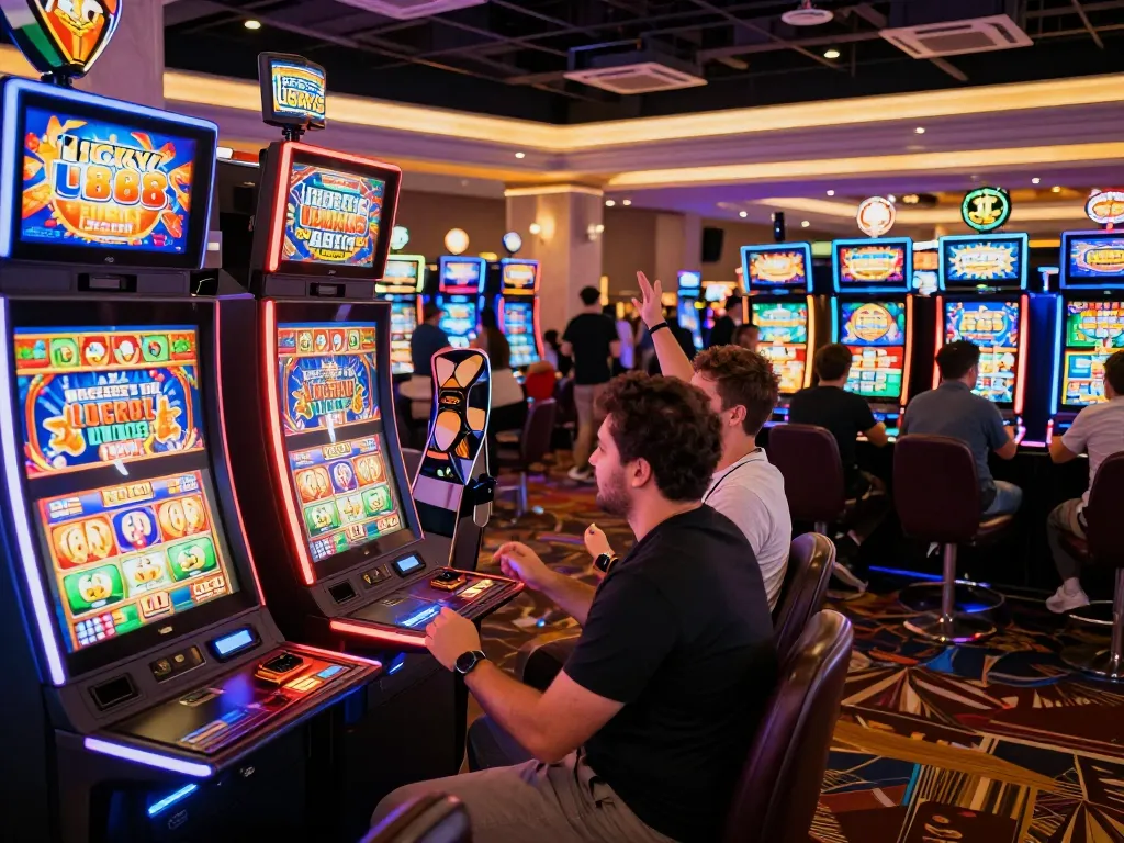Players enjoying Lucky 88 slot machines amidst vibrant casino lights and festive atmosphere.