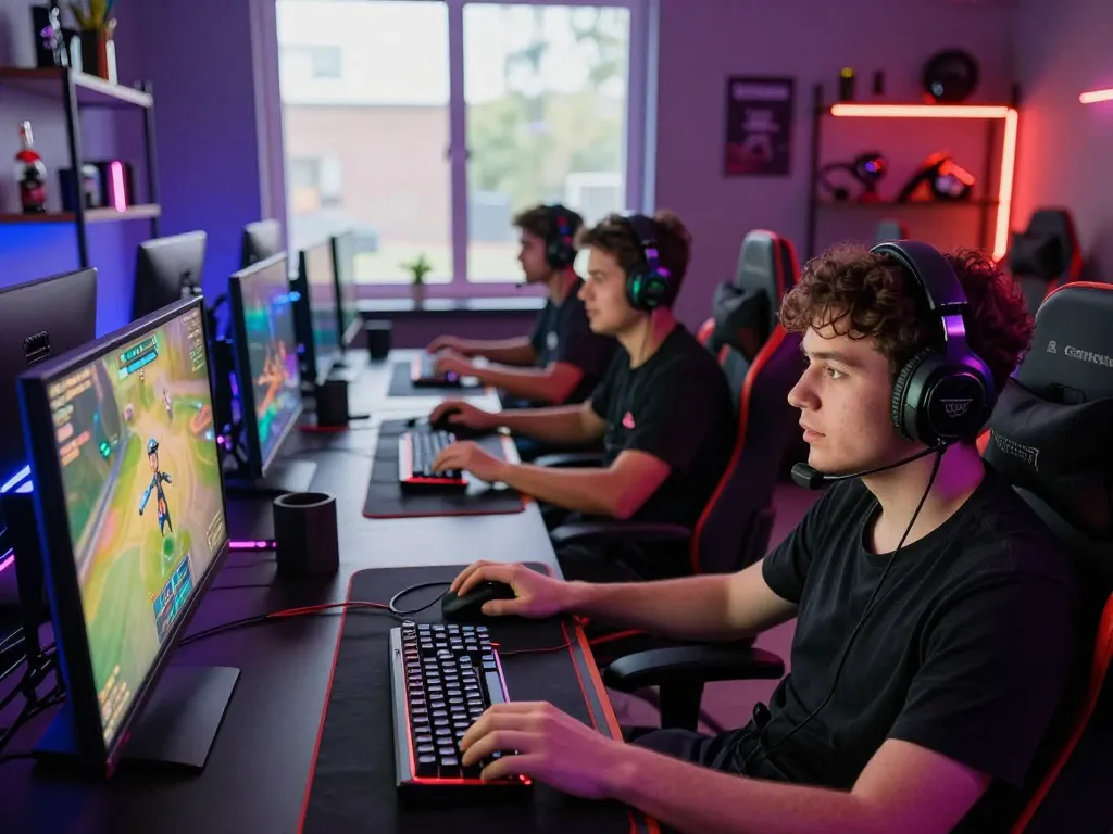Exciting gaming atmosphere with diverse players engaged in Go99 multiplayer experience, featuring vibrant screens and advanced gaming gear.