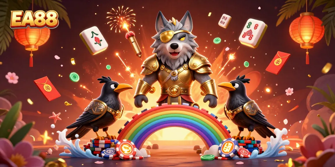 Play exciting games at EA88, featuring a vibrant 3D casino scene with Odin and mystical elements.