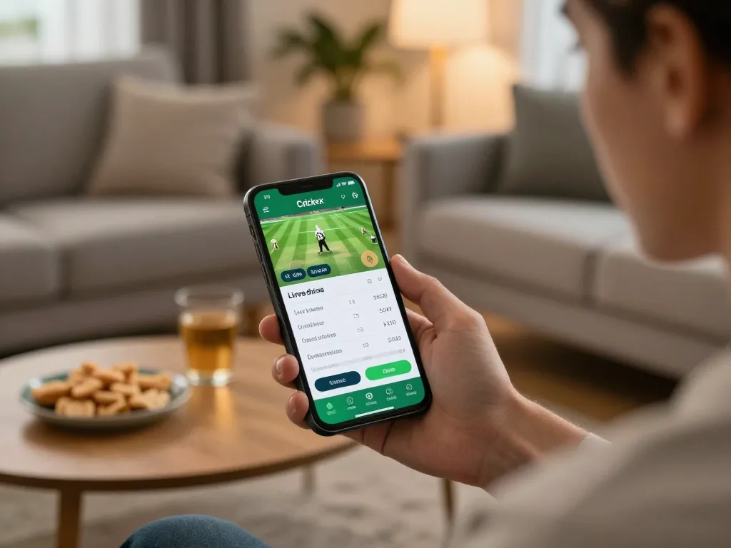 Crickex app screen showing live cricket odds and betting options in a cozy home setting.