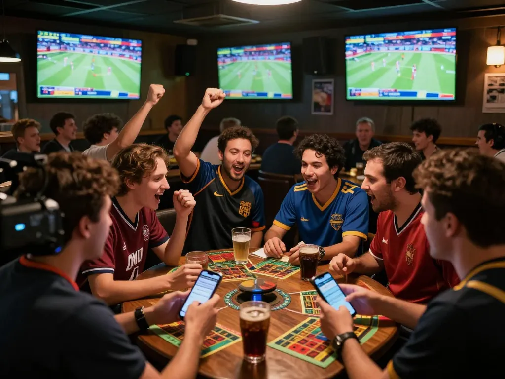Fans engaging in sports betting at Sky88, studying odds and celebrating wins in a lively bar atmosphere.