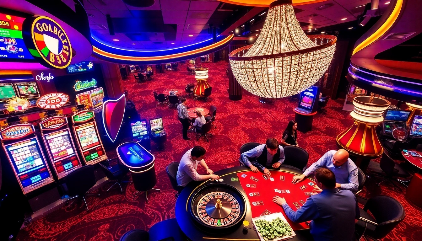 Exciting casino atmosphere at open88 com showcasing players enjoying slot machines and poker games.