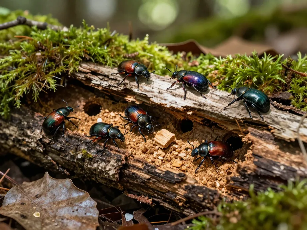 Coleotteri del legno che emergono dal legno, evidenziando Xestobium rufovillosum e Anobium punctatum nel loro habitat naturale.