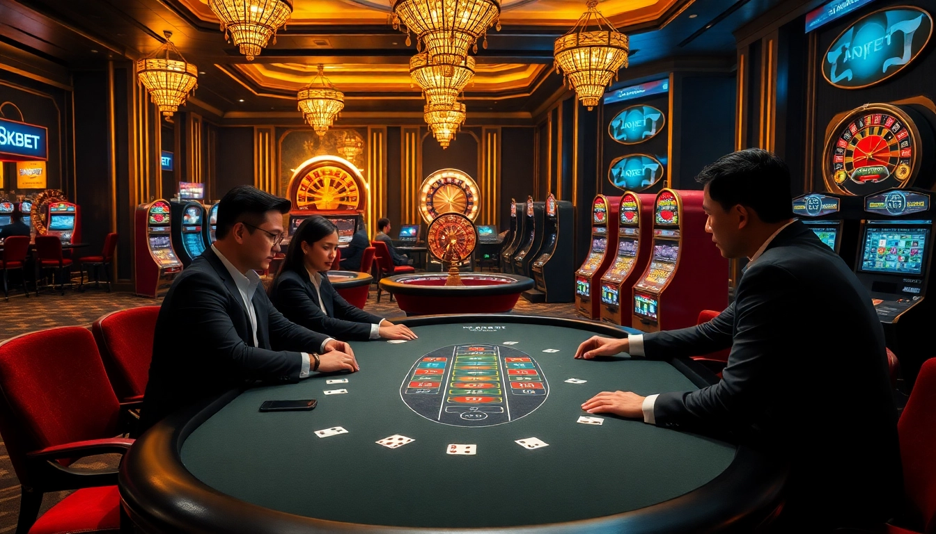 Engaged players at a luxurious poker table in 8KBET casino setting.