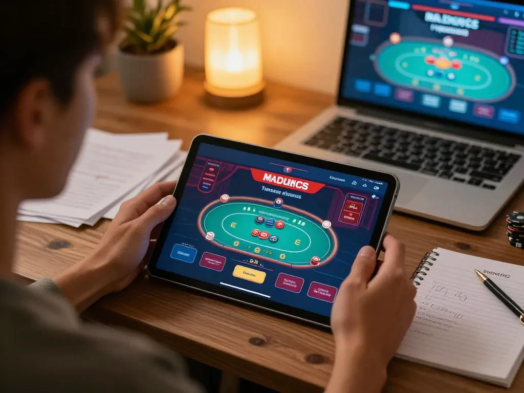 Person enjoying du88 online gambling with engaging poker gameplay on tablet in cozy home setup