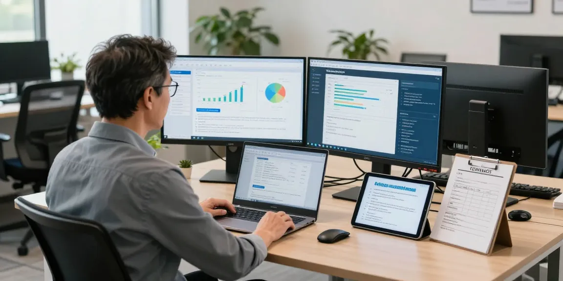 Cyber Essentials assessor reviewing compliance metrics in a modern office.