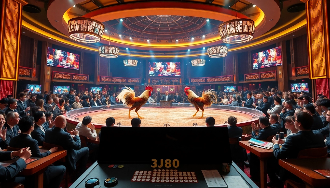 BJ88 đá gà live fight action with bettors engaged, showcasing an exciting casino environment.