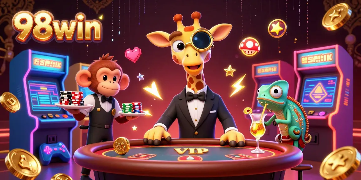 Win big with 98win's exciting 3D casino illustration showcasing vibrant gameplay.