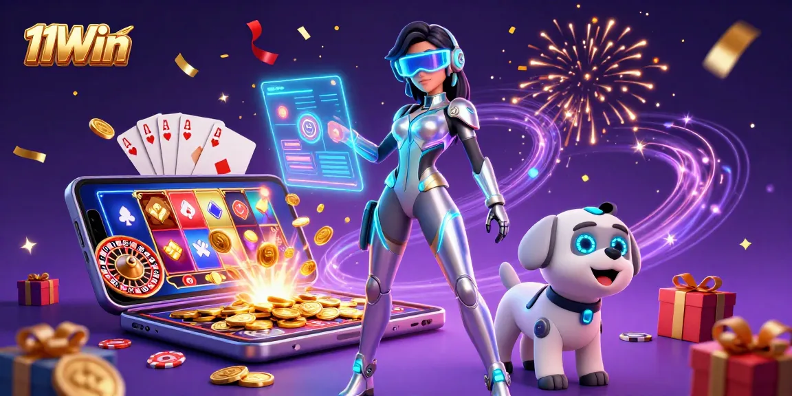 Experience thrilling gaming moments with 11Win in this vibrant casino scene filled with fun elements.