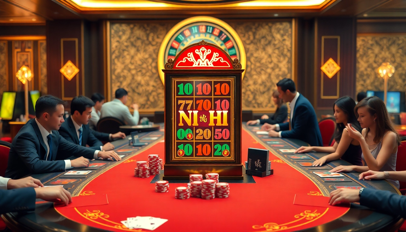 Nổ hũ slot machine surrounded by enthusiastic gamblers, showcasing excitement and luxury in a casino.