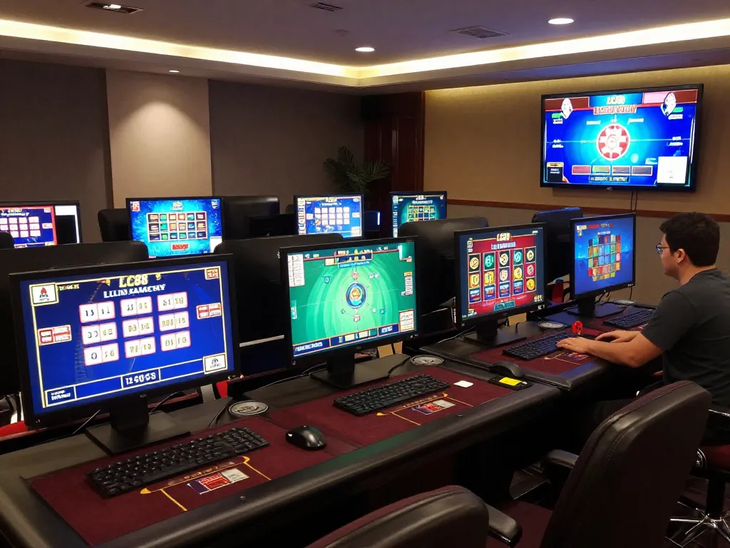 Engaging online gambling scene on LC88 COM with player immersed in multiple game interfaces