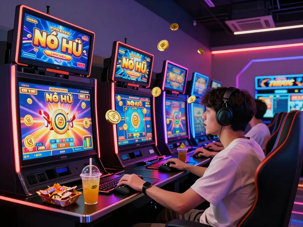 Nổ Hũ player engaged in an exciting online gaming session surrounded by vibrant slot machine graphics and virtual rewards.