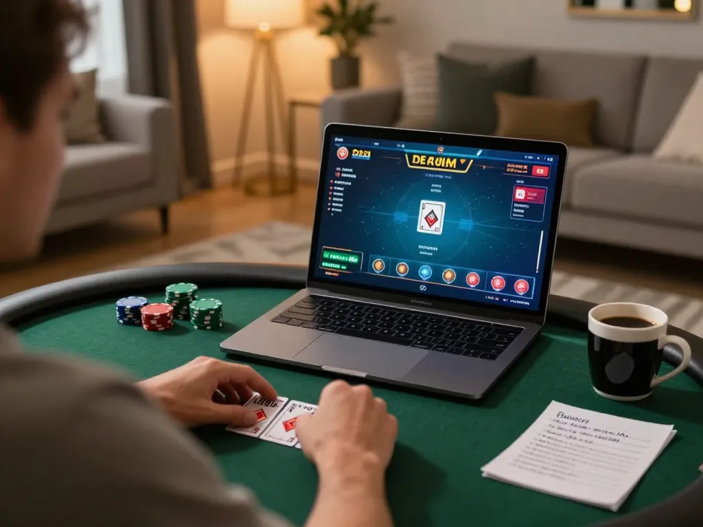 Engaging gameplay at https://cm88bet.org/ featuring a player analyzing poker hand on laptop in cozy home setting.