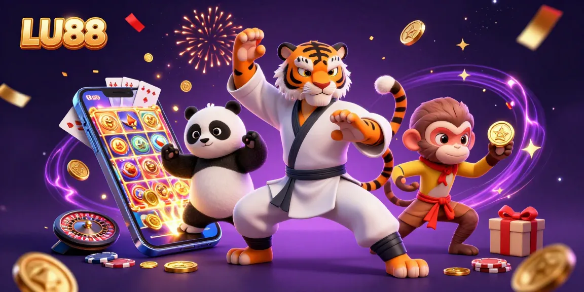 LU88 captures gamblers' excitement with dynamic slot games as characters celebrate their winnings.