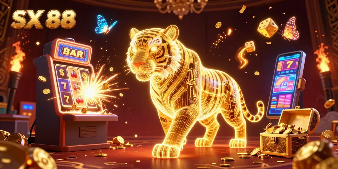 SX 88 captivates players with golden jackpots and 3D slot machines in a vibrant casino setting.
