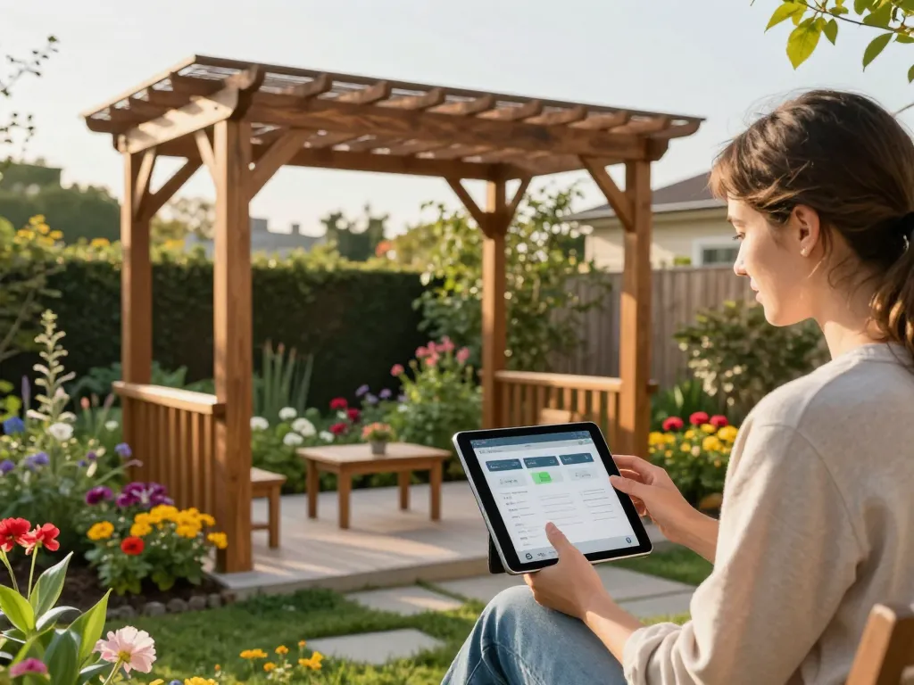 Proprietario di casa che utilizza il software configuratore pergole su tablet, progettando una pergola personalizzata in un vivace giardino.