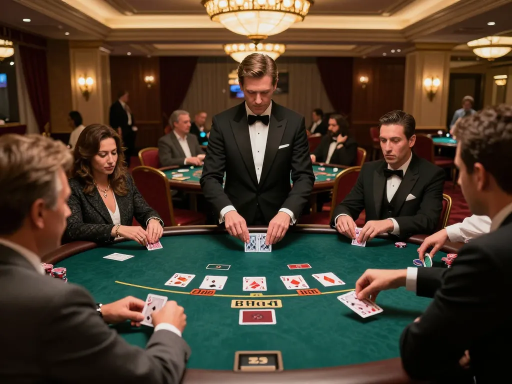 B52club gamers engaged in intense blackjack strategy during high-stakes play at a luxurious casino.