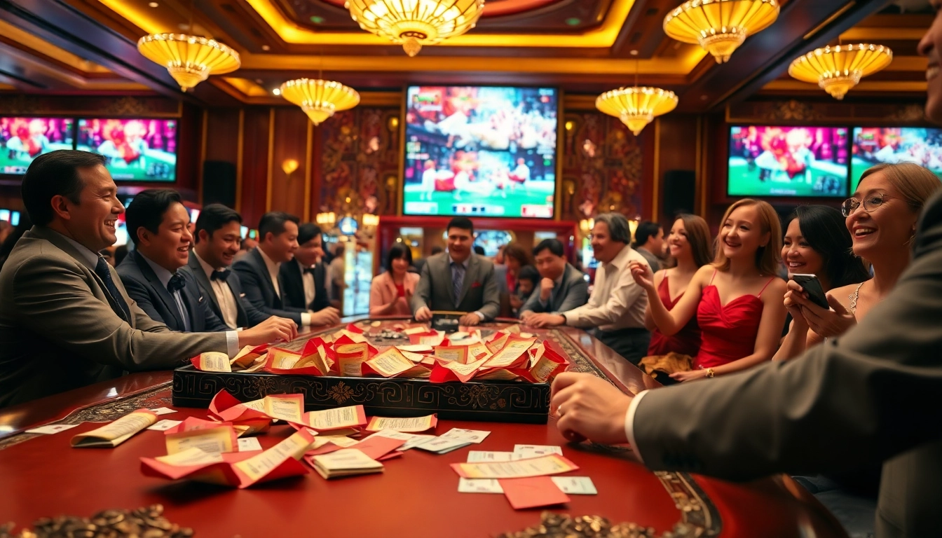 Engaged bettors enjoying a live SV388 cockfighting match in a luxurious casino setting.